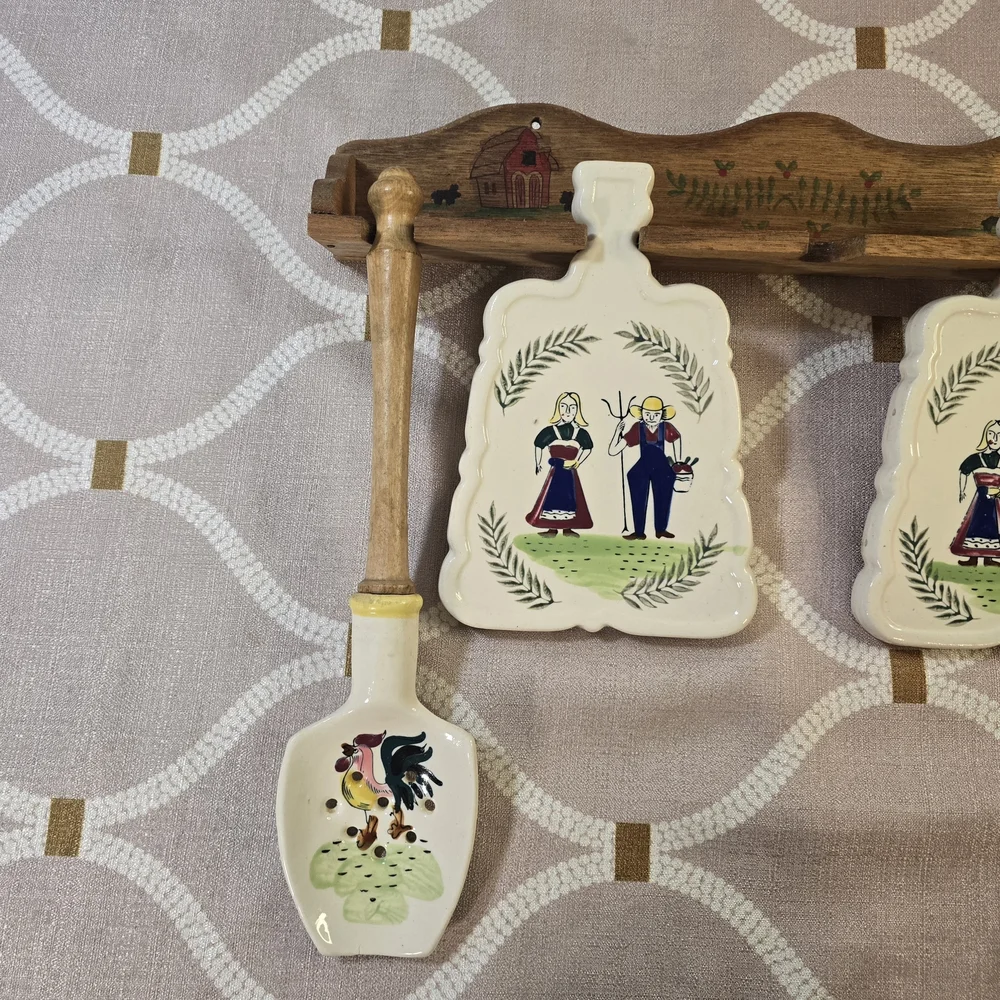 Vintage Hand Painted Wood Handle Gourmet Set w/ Rack Folk Art Trivet